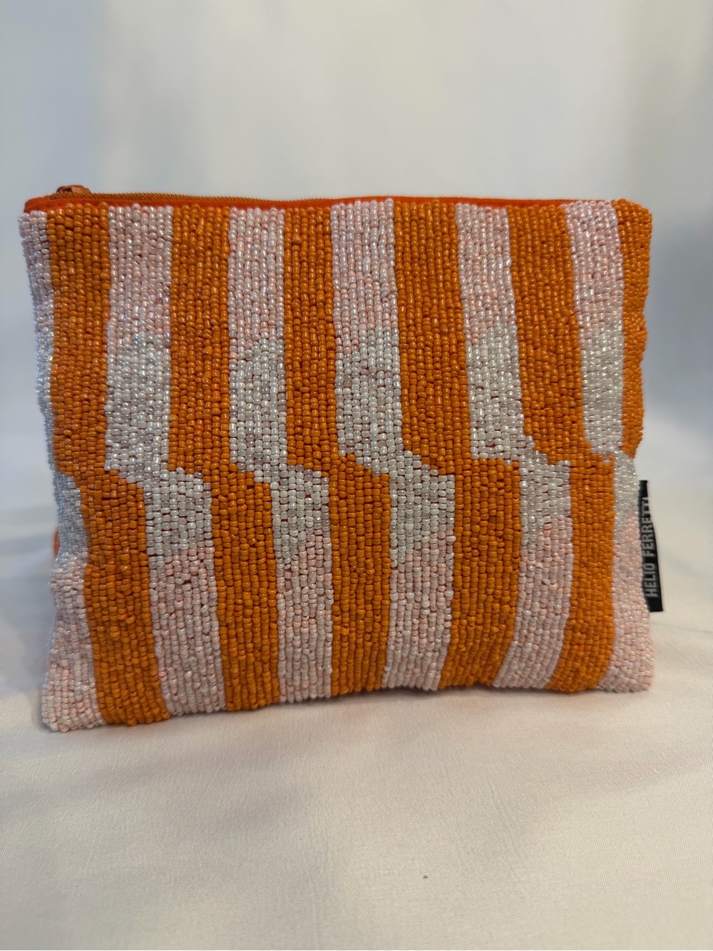 Striped Beaded Wristlet Pouch - Orange & Light Pink